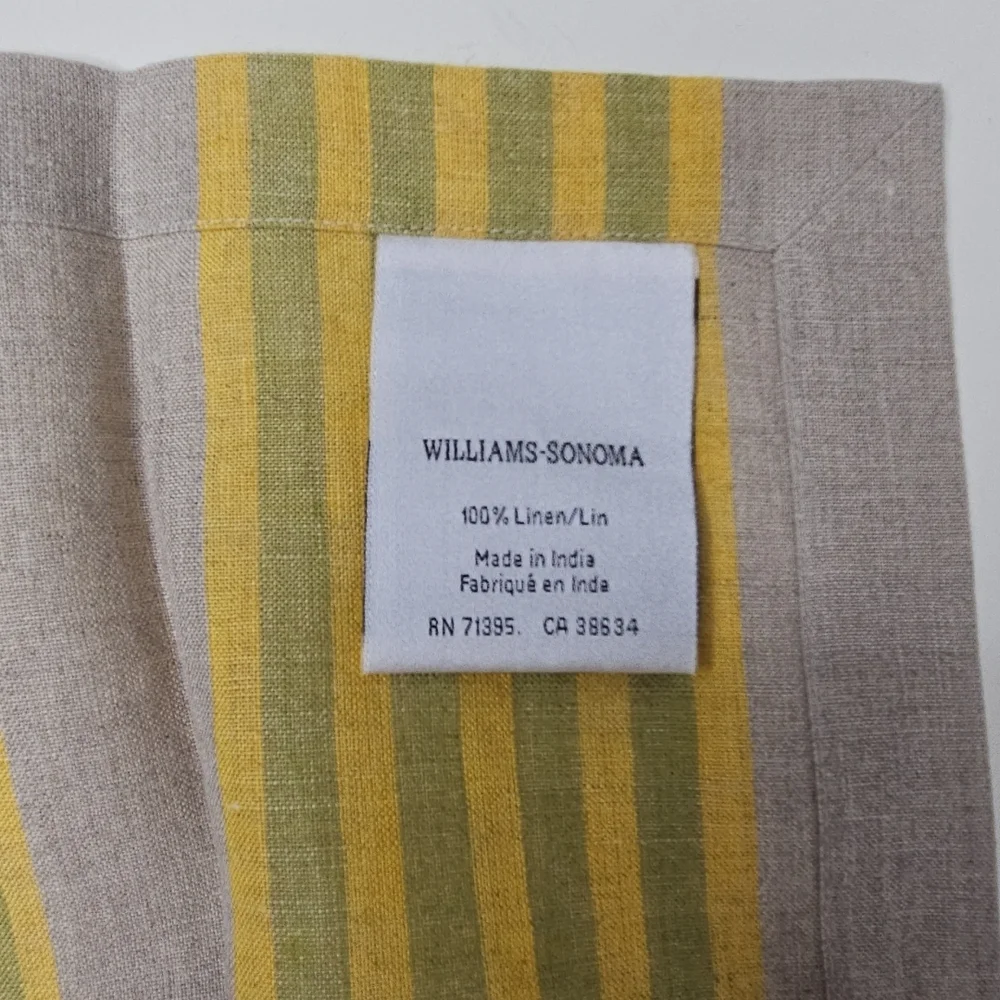 Williams Sonoma Set/4 100% Linen Dinner Napkins Neutral Tan Yellow Green Stripe